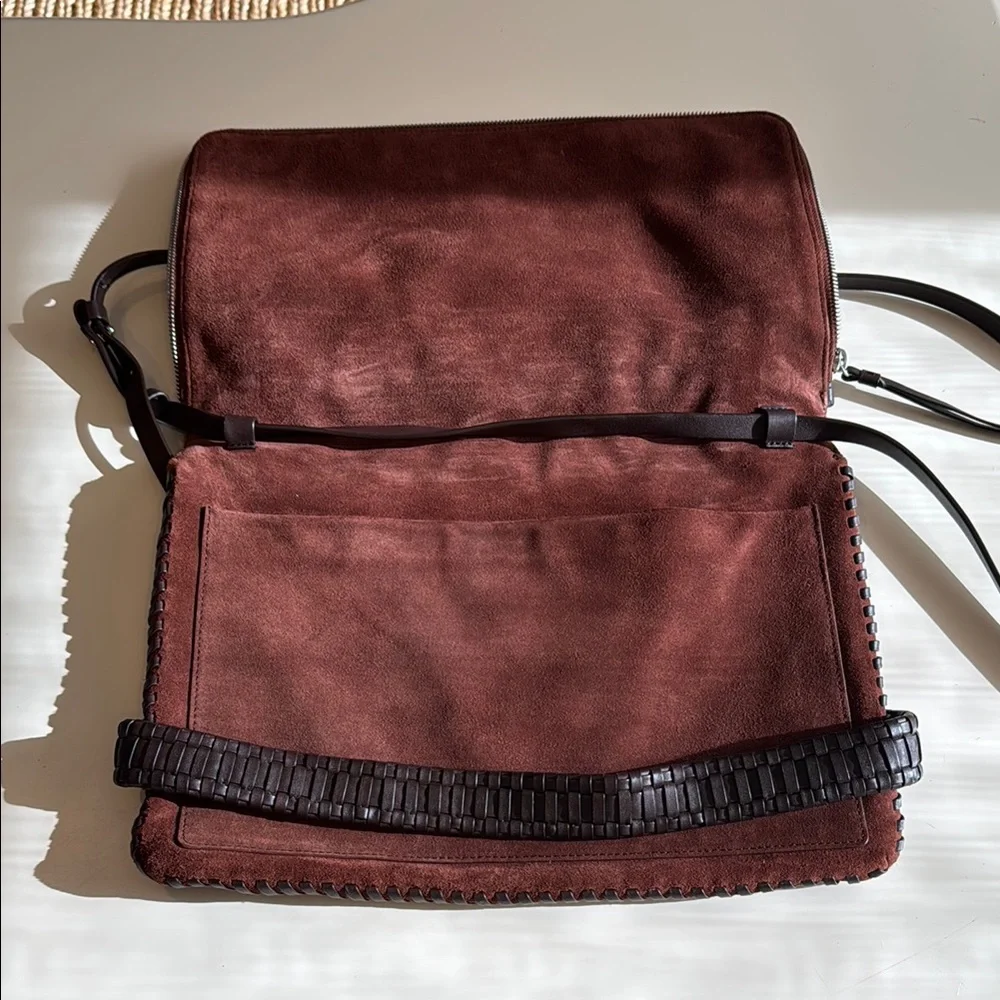 AllSaints Brownish/red Suede Crossbody Bag with Black Accents - Picture 2 of 5